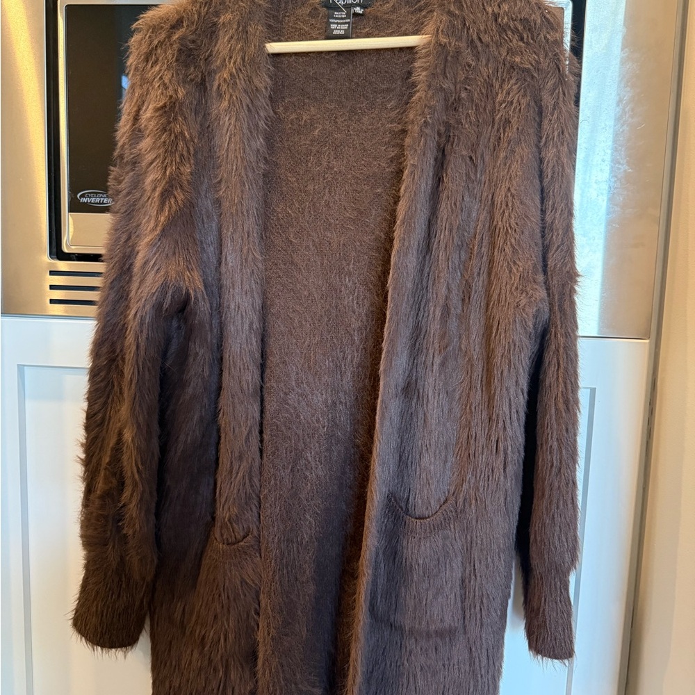 Papillon Blanc Chocolate Brown Faux-Fur Open Cardigan